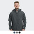A man wears a grey soft shell jacket with a hood, featuring a logo and zippered pockets.