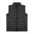 A black unisex puffer vest with a high collar and zip closure, featuring a logo on the front.