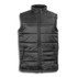 A black puffer vest with a high collar and zip closure, featuring side pockets and a sleek design.
