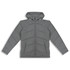 A grey puffer jacket with a hood, featuring a zip front and a subtle branding logo.