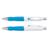 A metal pen with a white barrel and blue grip, featuring a silver clip and tip, alongside another pen in a similar design.