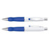 A metal pen with a white barrel and blue accents, featuring a clip and a logo.