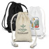 Three small cotton gift bags in black, white, and natural tones, each with a different design and logo.