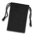 A small black cotton gift bag with drawstring closure. It features a simple design and has a logo.