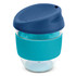 A drink bottle featuring a clear glass body, teal silicone sleeve, and a blue lid. It has a branding logo.