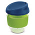 A drink bottle with a transparent body, green silicone band, and blue lid. It has a logo on it.