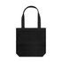 A black tote bag with two handles and a simple design. It features a logo on its surface.