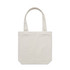 A beige tote bag with long handles and a simple design, featuring a logo.