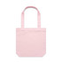 A pink tote bag with two handles and a simple, unadorned design. It features a logo on the front.