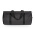 A black duffel bag with sturdy handles and zippers, featuring a simple design and a logo.