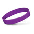 A purple silicone wristband with a smooth surface and a circular form. It features a logo.