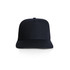 A black trucker cap with a structured front panel and mesh back, featuring a logo.