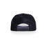 A black trucker cap with a mesh back and an adjustable strap, featuring a logo on the back.