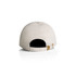 A beige cap with a closed back and a strap adjustment, featuring a logo on the side.