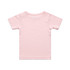 A pink infant t-shirt with a simple design and short sleeves, featuring a branding logo.