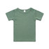 A green organic cotton infant t-shirt featuring a crew neck and snap buttons on the shoulder.