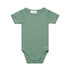 A green organic infant one-piece with short sleeves and snap closures at the bottom. It has a small logo.