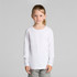 A long-sleeve white T-shirt for kids with a simple design and a logo on the front.