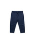 Navy track pants with a drawstring waistband and two side pockets, featuring a logo. Suitable for kids.
