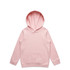 A pink hoodie with a large pocket and a spacious hood. It features a branding logo on the garment.