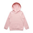 A pink hooded jumper featuring a kangaroo pocket and a hood. The product has a branding logo.