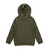 A green hoodie featuring a kangaroo pocket and a hood, with a plain back. It includes a logo on the label.