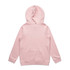 A pink hoodie with a hood, featuring a plain back design and long sleeves. It has a branding logo.