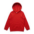 A red hoodie with a front pocket and a large hood. The item has a branding logo on it.