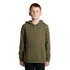 A plain olive green hoodie with a front pocket and a drawstring hood, featuring a logo on the chest.