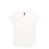 A white t-shirt with a scoop neckline and short sleeves, featuring a branding label.