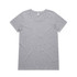 A grey T-shirt featuring a round neckline and short sleeves, with a logo on the label.