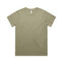 A light olive green t-shirt with a round neckline, featuring a logo on the label.