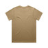 A plain khaki T-shirt with short sleeves and a crew neck. It has a branding logo on the back.