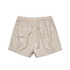 Light beige dress shorts featuring an elastic waistband and a single back pocket. Contains a logo.