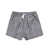 A pair of grey dress shorts with a drawstring waistband and a logo.