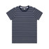 A navy blue and white striped T-shirt with short sleeves and a round neckline, featuring a logo.