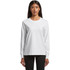 A white long-sleeve T-shirt with a crew neck and a logo on the front. The model is wearing black pants.
