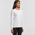 A white long-sleeve T-shirt displayed on a model, featuring a simple design and a logo.