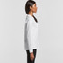 A white long-sleeve T-shirt displayed on a model in profile, featuring a simple design and a subtle logo.