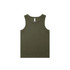 An olive green organic rib tank top featuring a simple design and a logo on the label.
