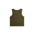 An olive green rib crop tank top with a sleeveless design, featuring a simple back view.