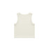 A plain white organic rib crop tank with a sleeveless design and a logo. Back view depicted.