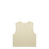 A sleeveless crop tank in a soft cream colour with a simple design and a logo.