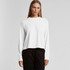 A white long-sleeve t-shirt with a relaxed fit, featuring a logo on the chest.