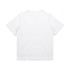 A plain white t-shirt with short sleeves, featuring a logo on the back.