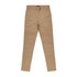 Tan slacks with a slim fit design. The pants feature a waistband and pocket details, along with a brand logo.
