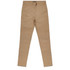 A pair of khaki slacks with a smooth finish, featuring a waistband and pockets. Includes a logo.