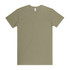 A light olive green t-shirt with a simple design and a branding label at the neck.
