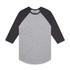 A grey and charcoal raglan tee with three-quarter sleeves and a round hem, featuring a logo.
