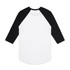 A raglan tee featuring a white body with black sleeves. The back view showcases the contrasting colours and a logo.